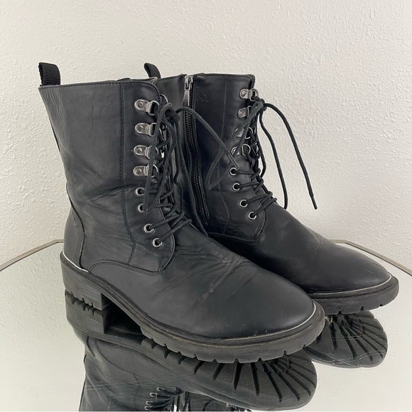 TORRID Black Dark Grey Faux Leather Metal Heel Mid Calf Lace Up Combat Boots - Picture 2 of 14